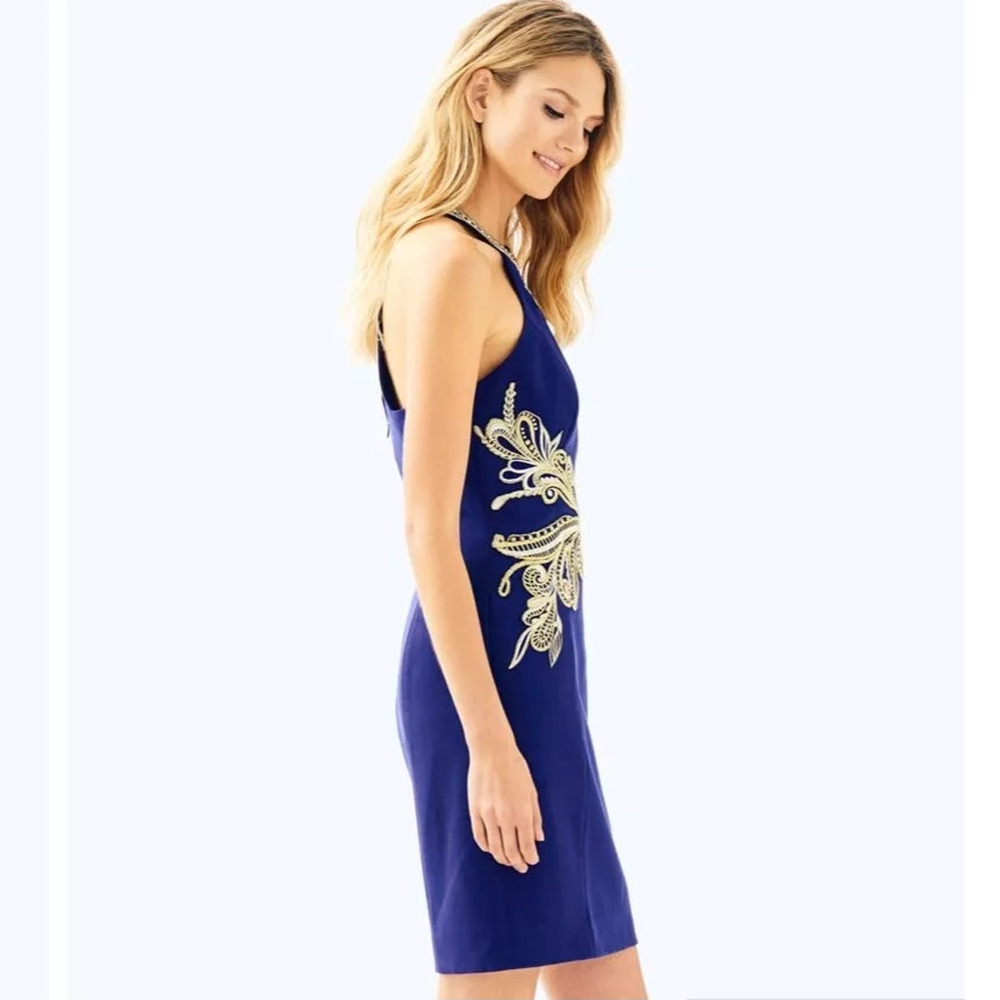Lilly Pulitzer Benita Shift Dress Blue Embroidered‎ Sequin Sleeveless Sz 4 - Picture 2 of 11